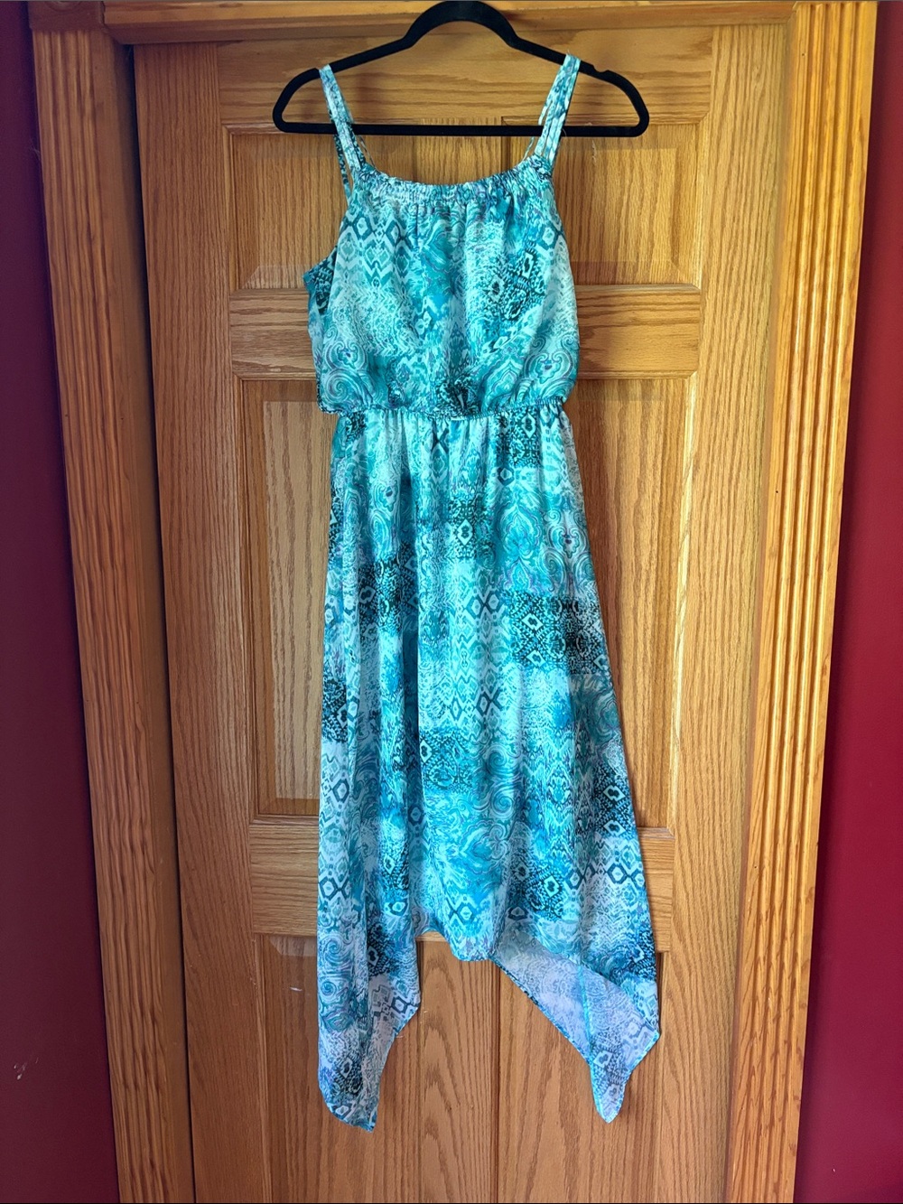Emma & Michele Teal and Aqua Patterned Handkerchief-Hem Dress